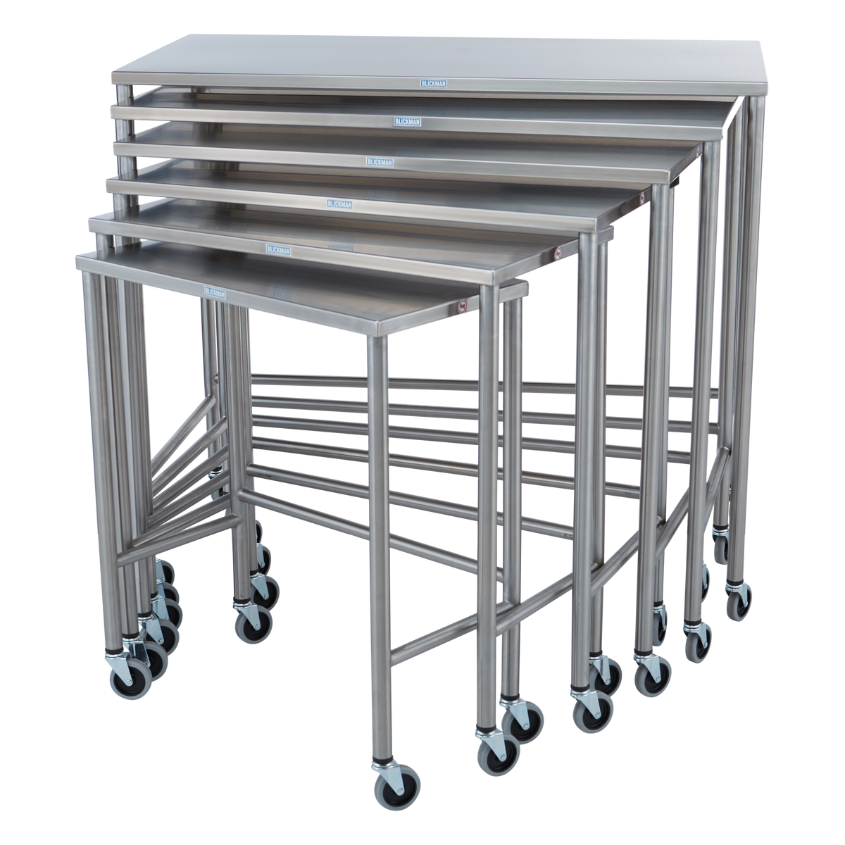 Blickman nested stainless steel instrument tables, set of six