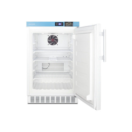 Accucold ACR45L with door open showing wire shelves