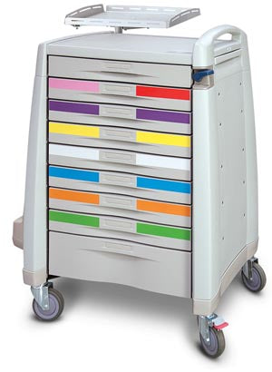 Standard Cart, 43 H X 24" D X 31" W PEDCRASH Break Away Lock (8) 3" Drawers (1) 6" Drawers and Factory Installed Broselow Pediatric Resuscitation Color Label Kit