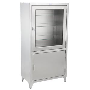 Kay Cabinet 30W x 58"H x 16"D Glass Upper Door Solid Lower Door Stainless Steel Shelves