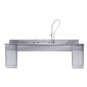 Decontamination Station 116W x 26 1/2""D 8" Backsplash 25"W x 18"H X 10"D Bowls Waste Lever Drain w/ Overflow Marine Edge Bowls Etched w/Gallon & Liter Measures