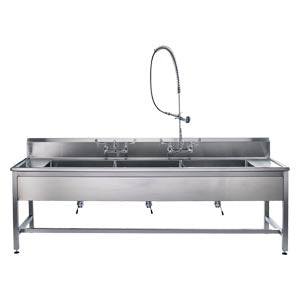 Decontamination Station 116W x 26 1/2"D 8" Backsplash 25"W x 18"H x 10"D Bowls Stainless Steel SQ Tube Base Adjustable Flanged Fet w/Marine Edge Bowls Etched w/Gallon & Liter Measures