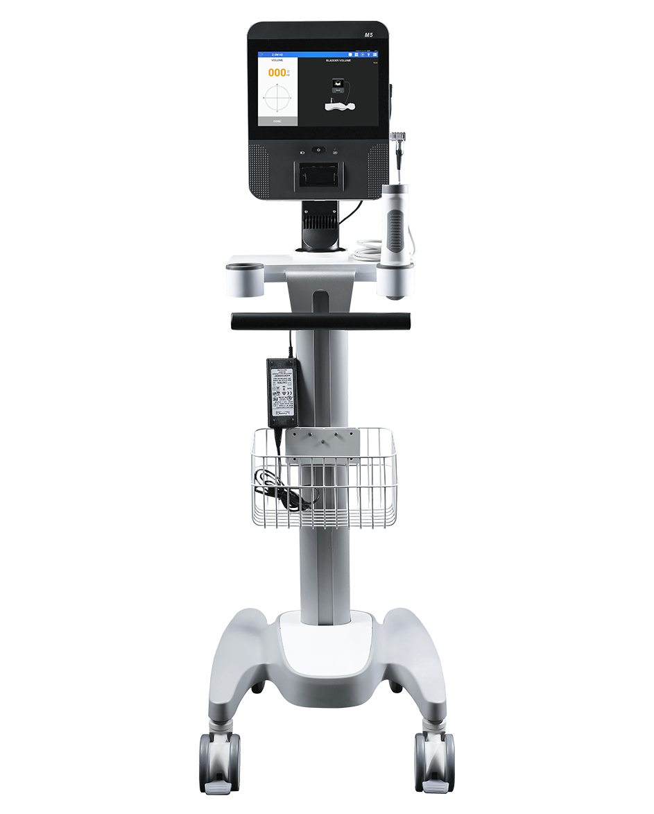 MDPro M5 bladder scanner on medical cart with touchscreen console and probe