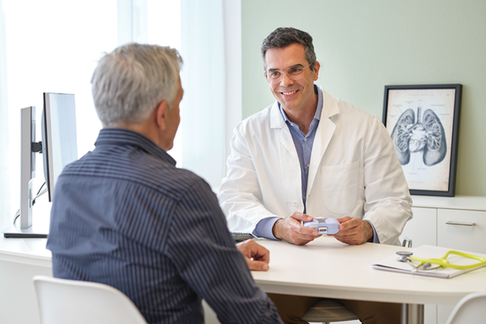 Patient holding an EasyOne Sky spirometer with a clinician