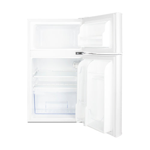 MOMCUBE CP34WMC with door open showing freezer and shelves