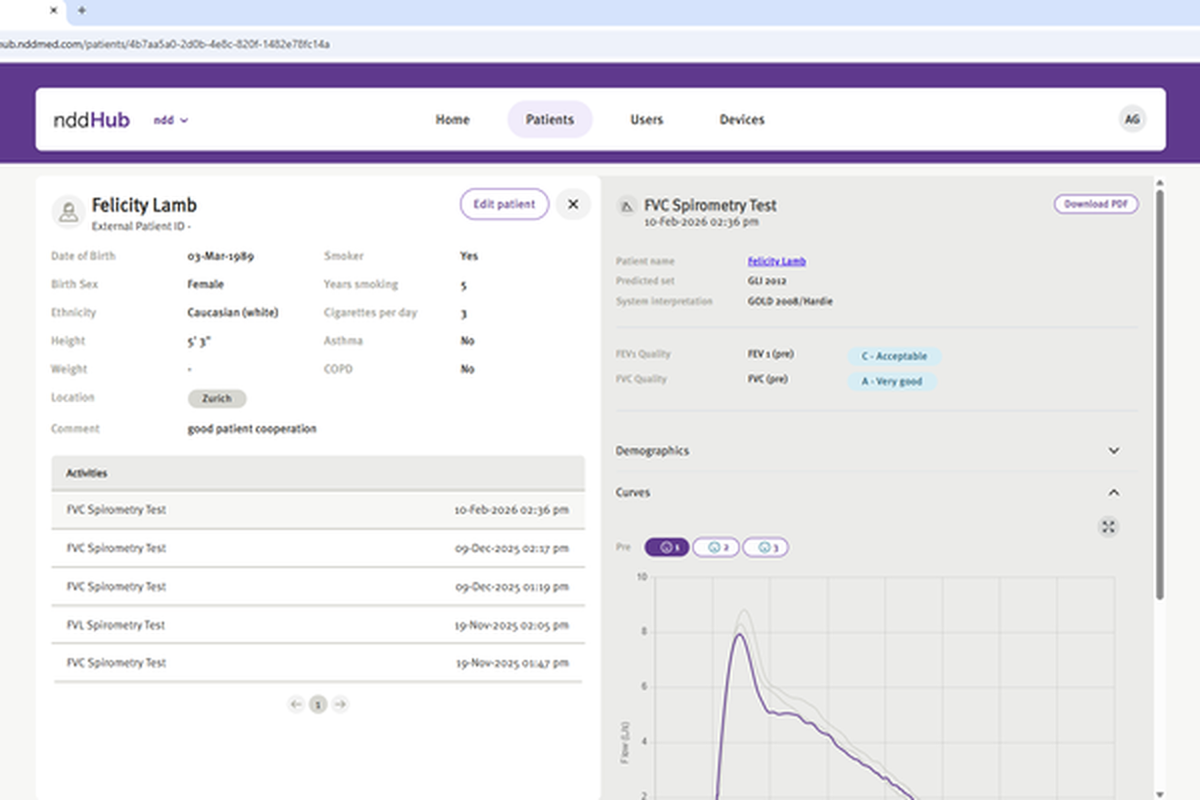 EasyOne Sky patient spirometry results screen