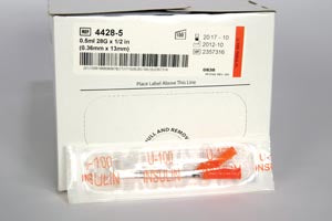 Needle, 28G x ½ Fixed Hypodermic 0.5mL (U-100) Insulin Syringe 100/bx 6 bx/cs