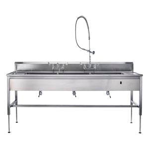 Decontamination Station 116W x 26 1/2"D Hydraulic Lift  8" Backsplash      25"W x 18"H x 10"D Bowls Waste Lever Drains         Bowls Etched w/Gallon & Liter Measures