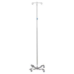 IV Stand, 2 Hook, Thumb Operated Slide Lock, 4 Leg, 21 1/4 Diameter Stainless Steel Low Center of Gravity Welded Base