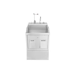 Lodi Scrub Sink, Place, Pedestal Mounted, Knee Action Control, Soap Dispenser, Infrared Water Control, Eyewash, Digital Timer