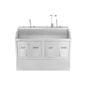 Lodi Scrub Sink, Place, Pedestal Mounted, Knee Action Control, Infrared Water Control, Eyewash, Digital Timer