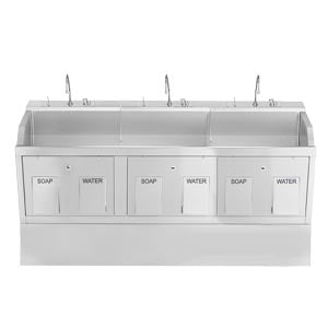 Lodi Scrub Sink, Place, Pedestal Mounted, Knee Action Control, Soap Dispenser, Infrared Water Control